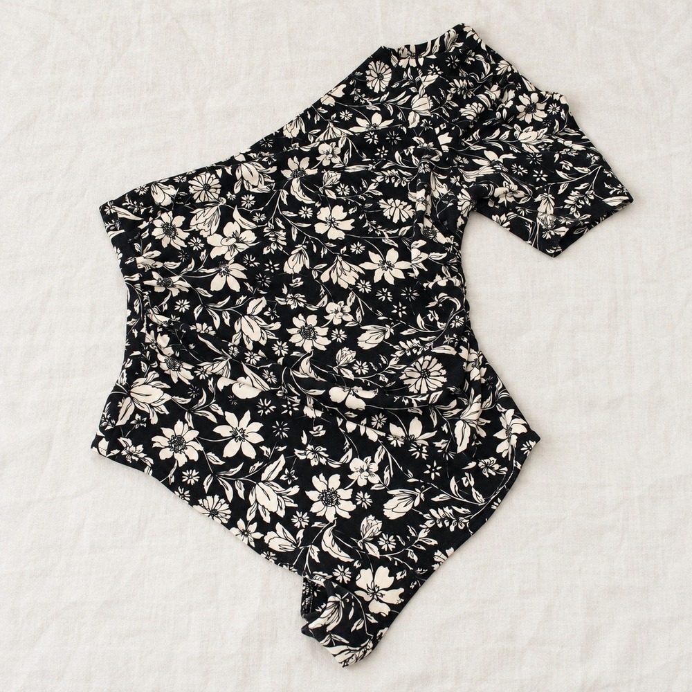 Intimately Free People One Shoulder Floral Bodysuit Black Cream Ruched XS/S